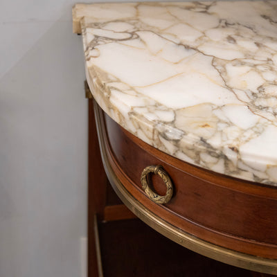 Louis XVI Burl Walnut Demilune Sideboard – Calacatta Vagli Oro Marble Top & Bronze Ormolu