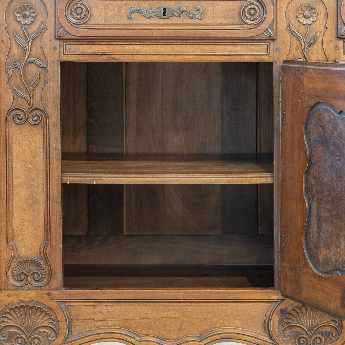 Louis XV Burl Wood Sideboard – Floral Hand-Carvings