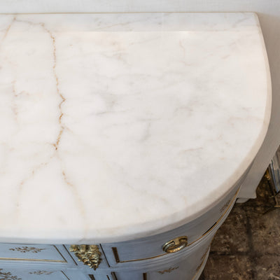 Louis XVI Blue Hand Painted Sideboard – Gilded Floral Detailing & White Marble Top