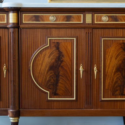 Louis XVI Burl Wood Demilune Sideboard – Gilded Bronze Accents & White Marble Top