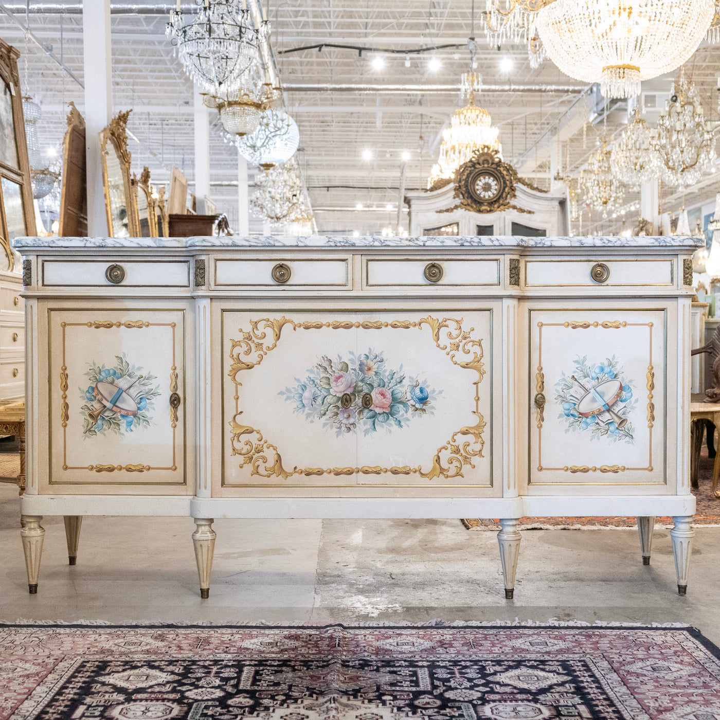 French White Hand-Painted Sideboard – Crackle Finish & Original Marble Top