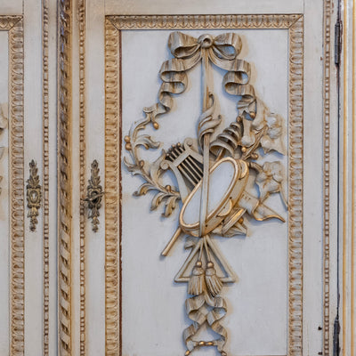 Louis XVI Sage Green Gilded Sideboard – Musical Ribbon Carvings & Breccia Marble Top