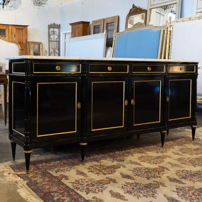 Louis XVI Black Lacquer Sideboard – Gold Inaly & White Marble Top