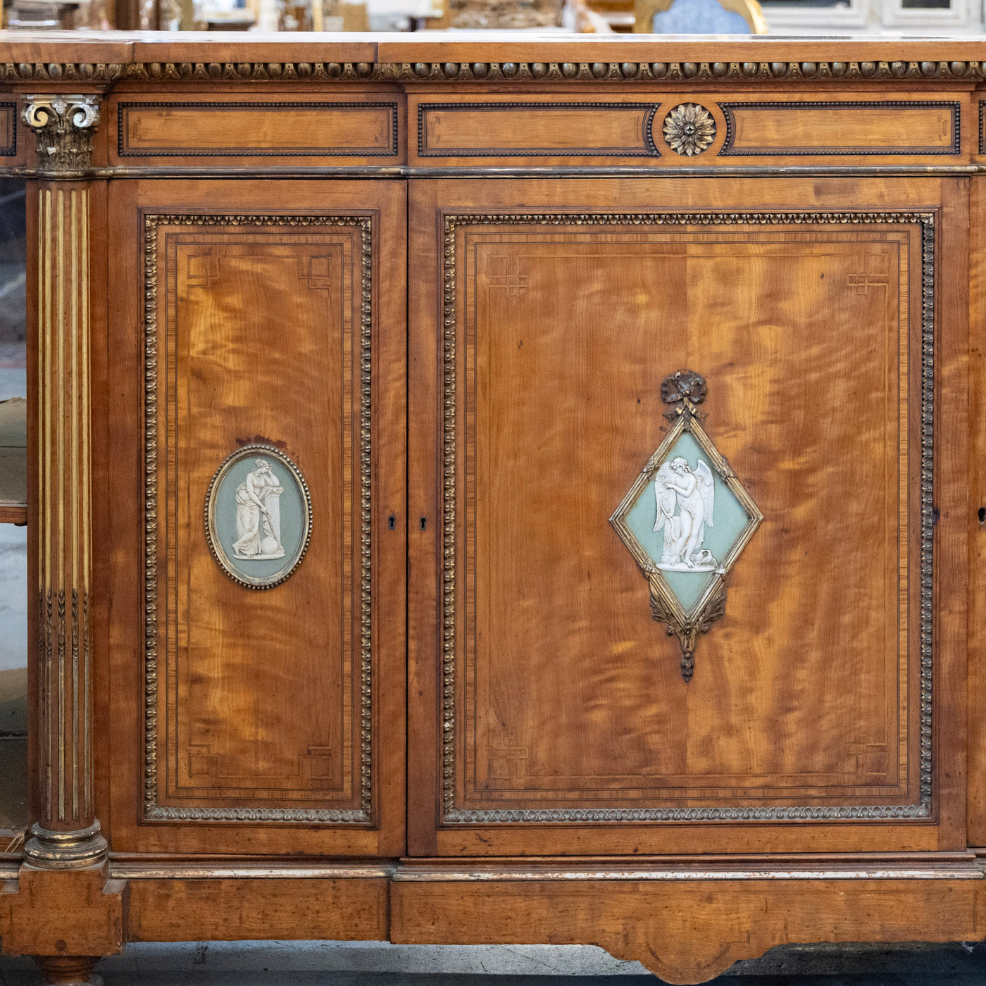 French Empire Demilune Sideboard – Neoclassical Medallions & Curved Mirror Shelves