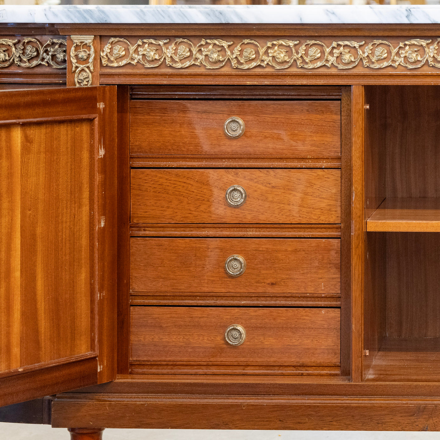 Louis XVI Mahogany Demilune Sideboard – Bronze Laurel Trim & White Marble Top