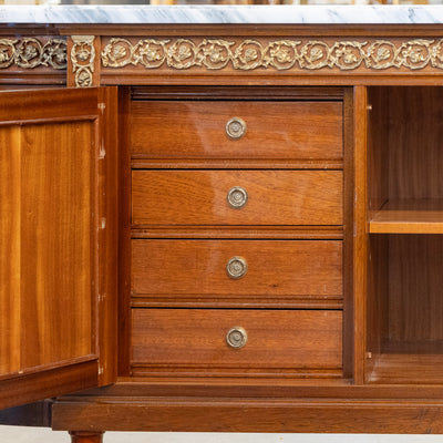Louis XVI Mahogany Demilune Sideboard – Bronze Laurel Trim & White Marble Top