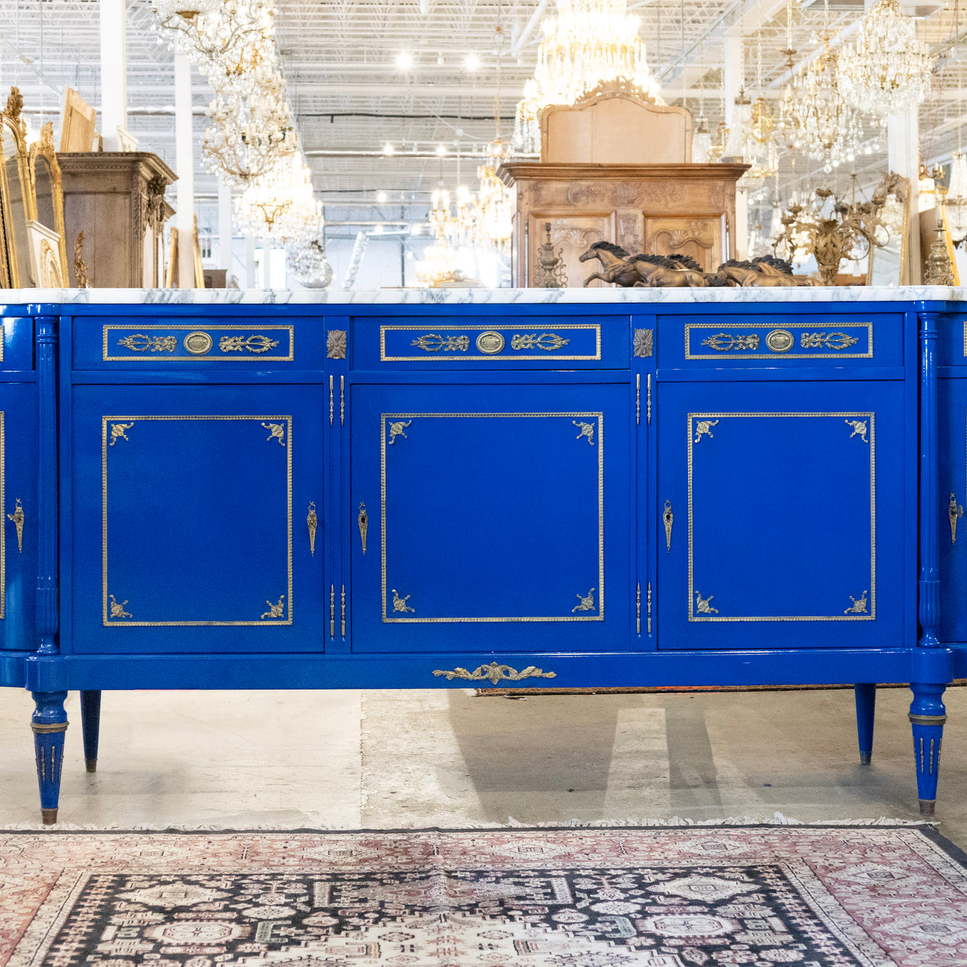 Louis XVI Blue Lacquer Demilune Sideboard - White Marble Top