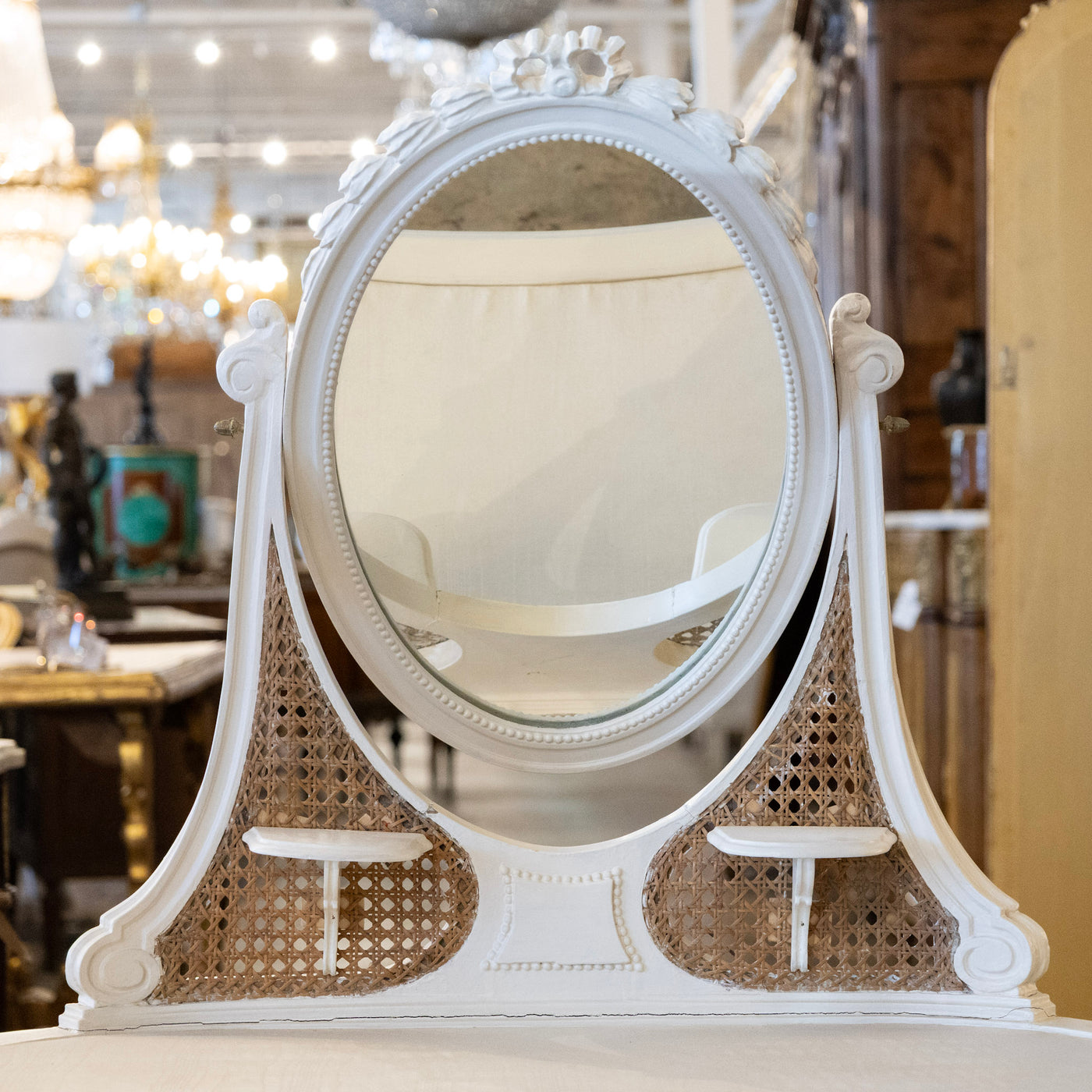 Swedish White Vanity – Oval Mirror & Cane Panels