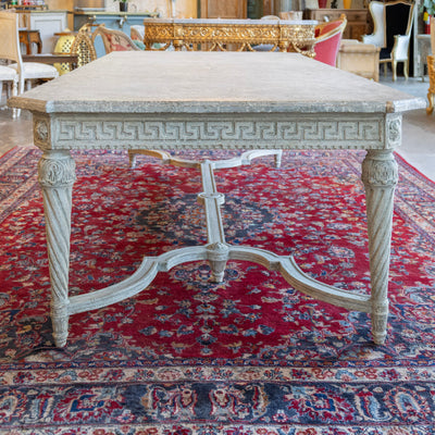 Grand European Neoclassical Hand-Carved Dining Table – Grey & White Faux Marble Finish