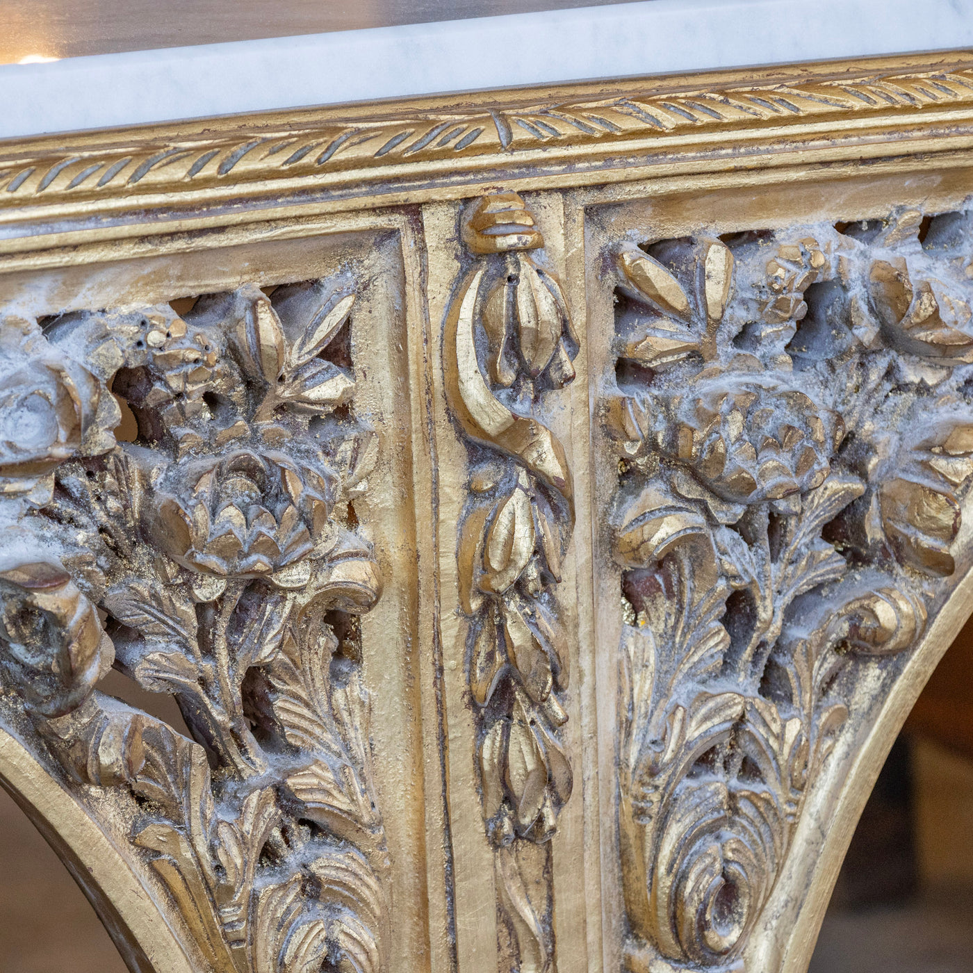 Louis XVI Ornate Gilded Console Table – Hand-Carved Florals & White Marble Top