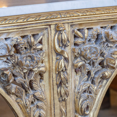 Louis XVI Ornate Gilded Console Table – Hand-Carved Florals & White Marble Top