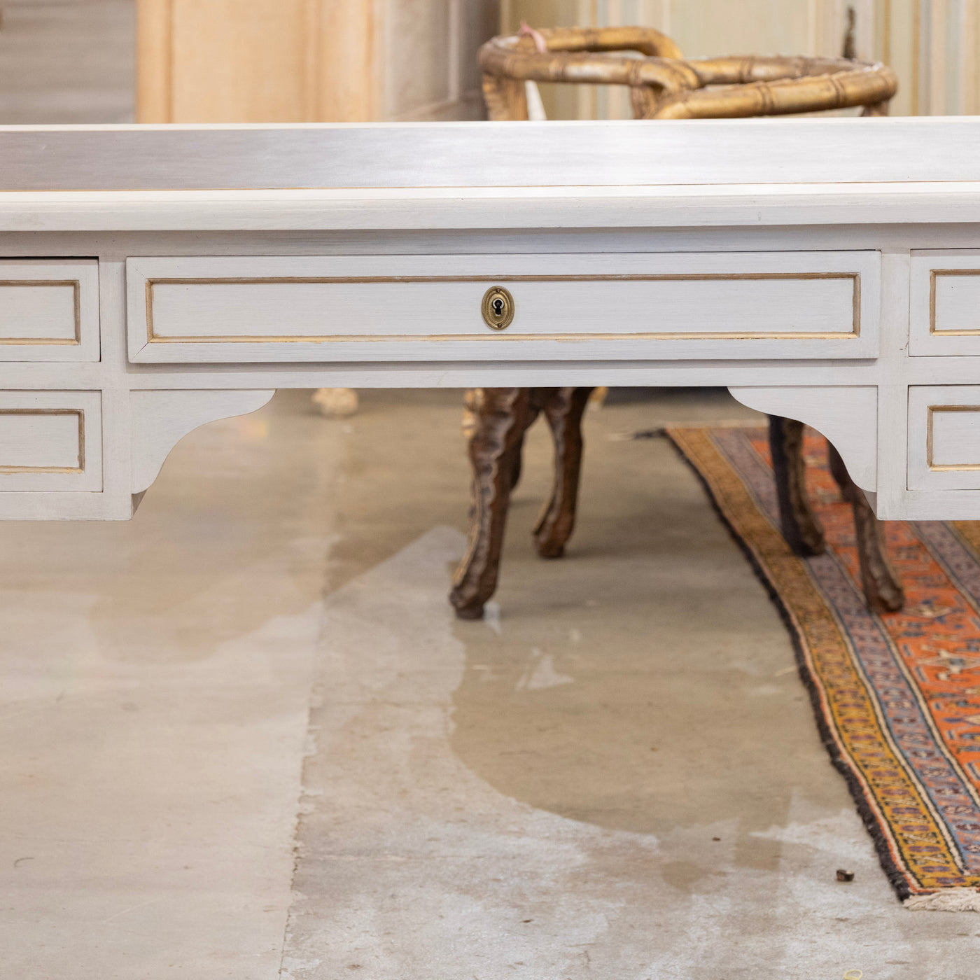 Louis XVI White Painted Desk with Gold Trim – Brown Leather Top & Slide-Out Panels