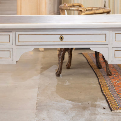 Louis XVI White Painted Desk with Gold Trim – Brown Leather Top & Slide-Out Panels