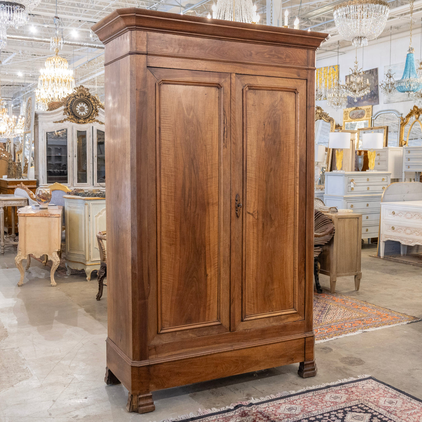 Louis Philippe Walnut Armoire – Original Red Fabric Interior with Shelves & Lower Drawer