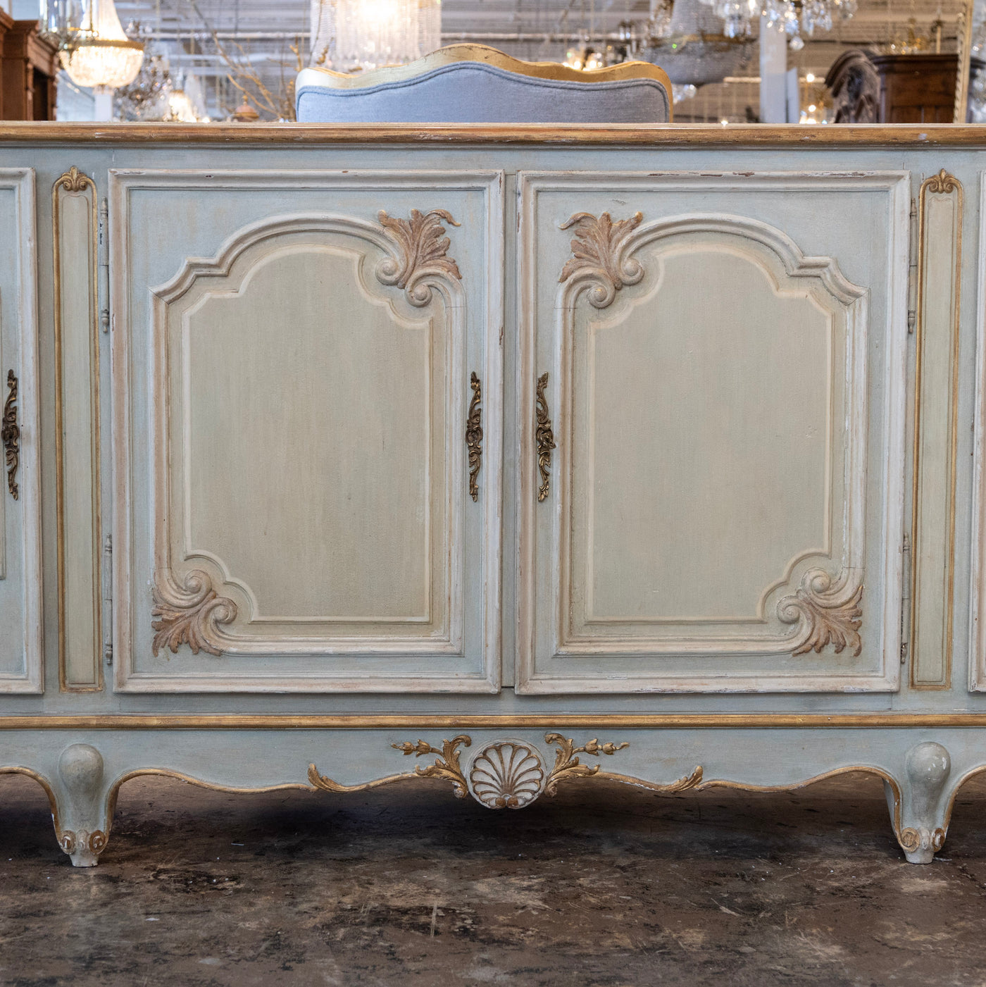 Louis XV Hand-Painted Sideboard – Distressed Finish Blue-Green & Gold Trim