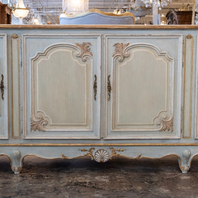 Louis XV Hand-Painted Sideboard – Distressed Finish Blue-Green & Gold Trim