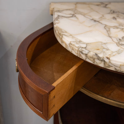 Louis XVI Burl Walnut Demilune Sideboard – Calacatta Vagli Oro Marble Top & Bronze Ormolu