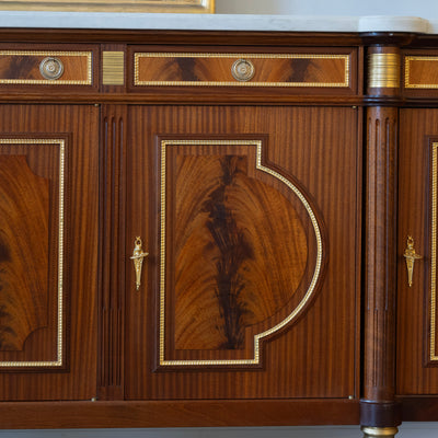 Louis XVI Burl Wood Demilune Sideboard – Gilded Bronze Accents & White Marble Top