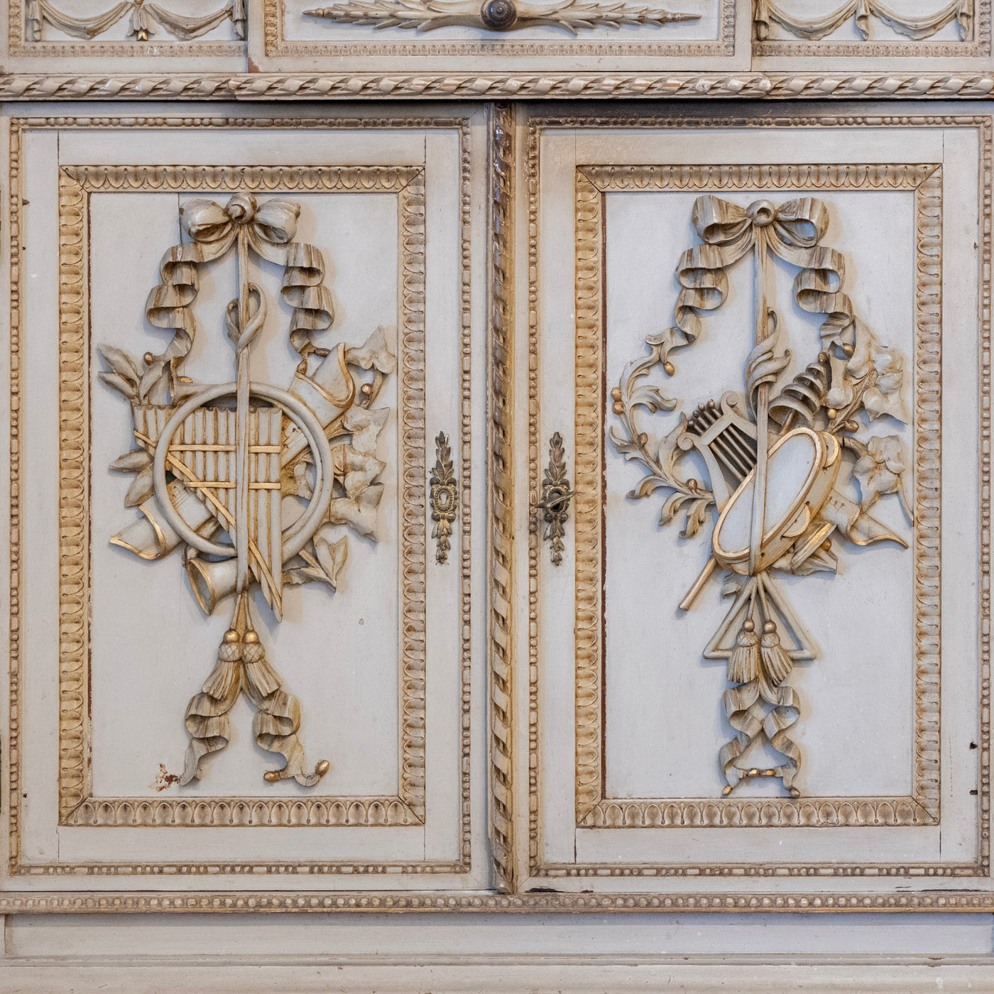 Louis XVI Sage Green Gilded Sideboard – Musical Ribbon Carvings & Breccia Marble Top