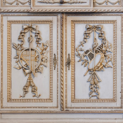 Louis XVI Sage Green Gilded Sideboard – Musical Ribbon Carvings & Breccia Marble Top