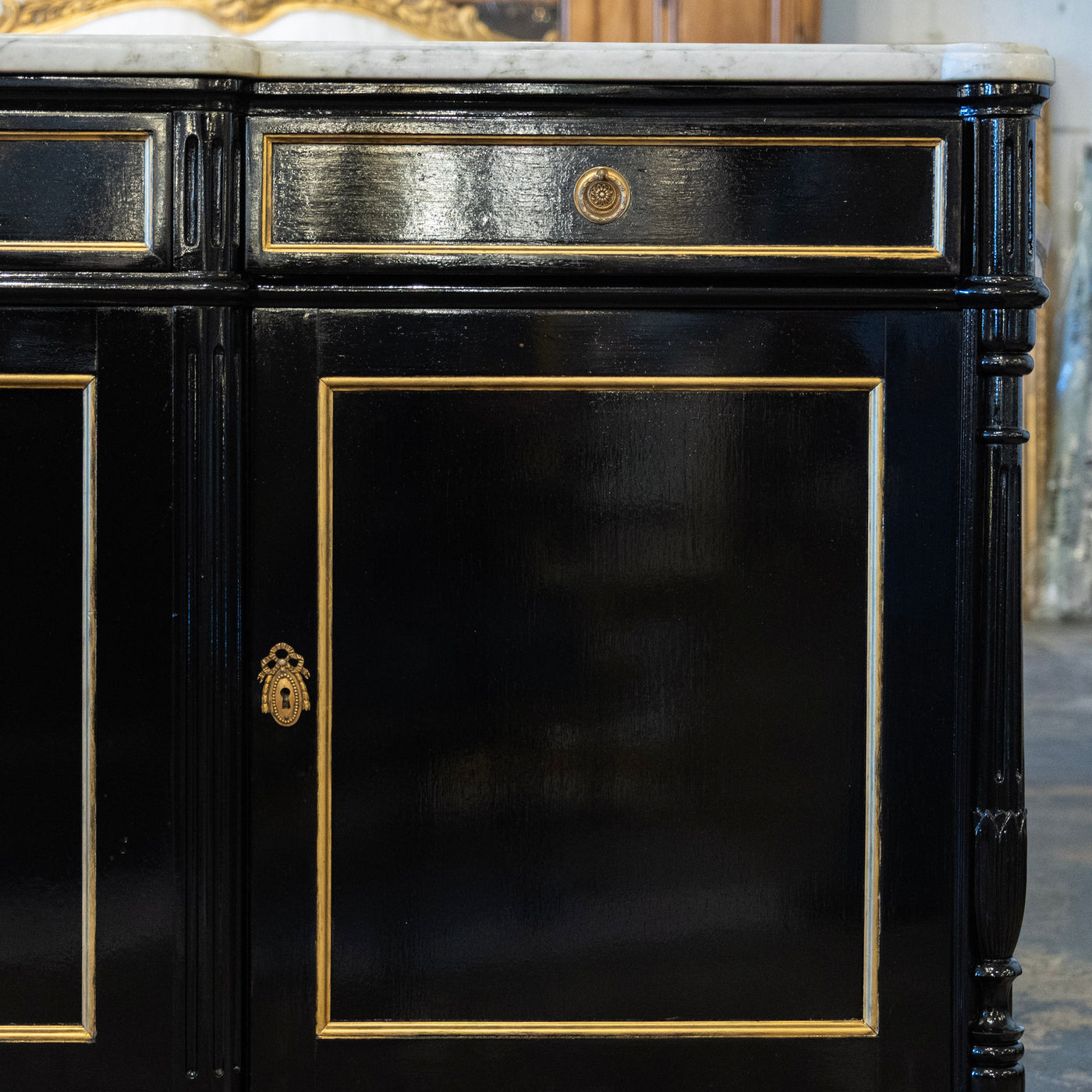 Louis XVI Black Lacquer Sideboard – Gold Inaly & White Marble Top