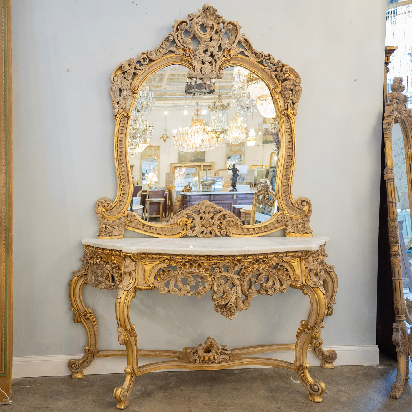 Gilded Rococo Mirror & Console – Ornate Hand-Carved Scrollwork & White Marble Top