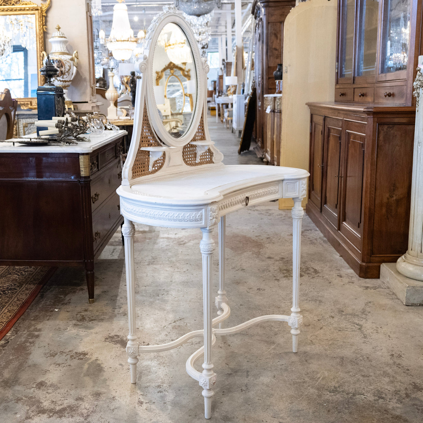 Swedish White Vanity – Oval Mirror & Cane Panels
