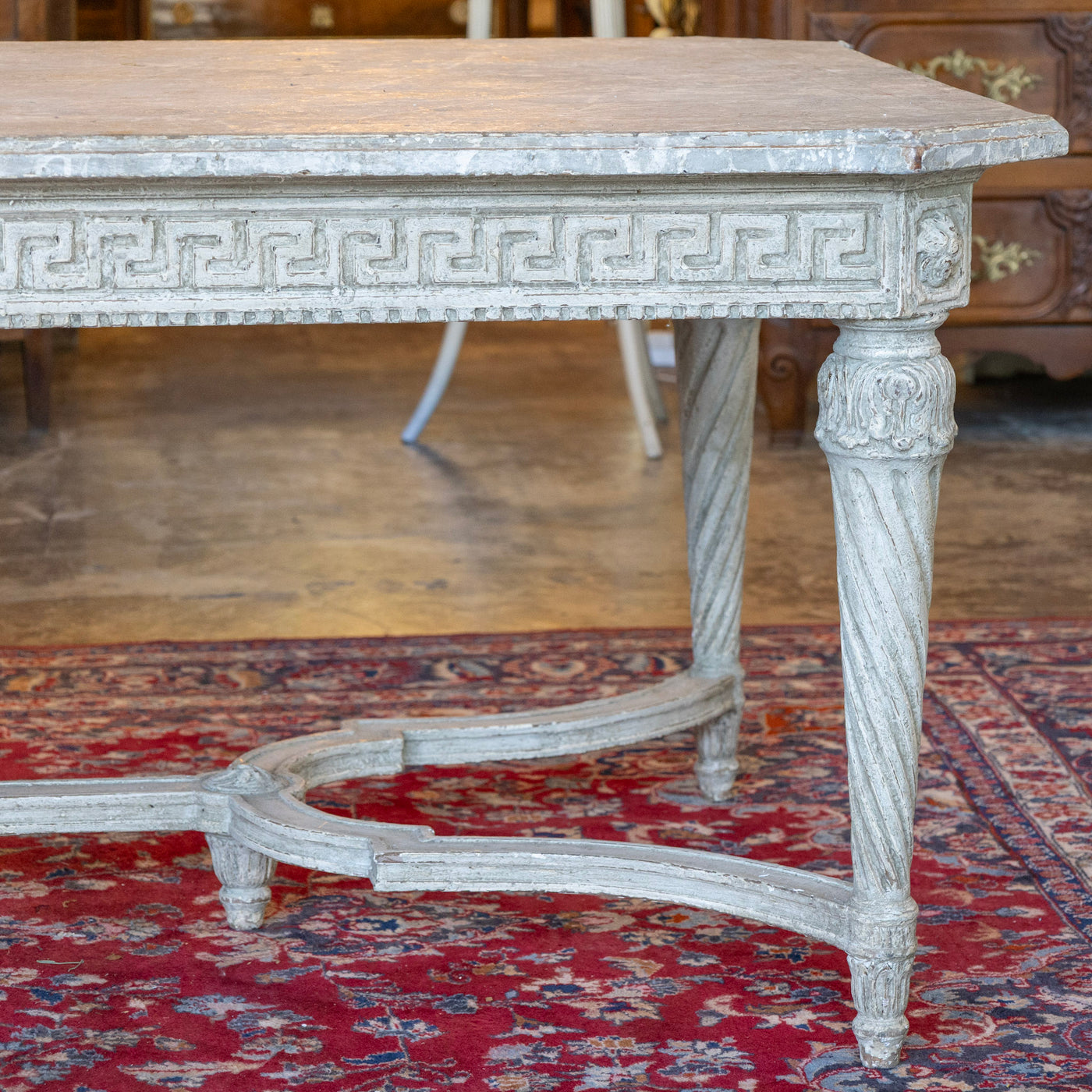 Grand European Neoclassical Hand-Carved Dining Table – Grey & White Faux Marble Finish