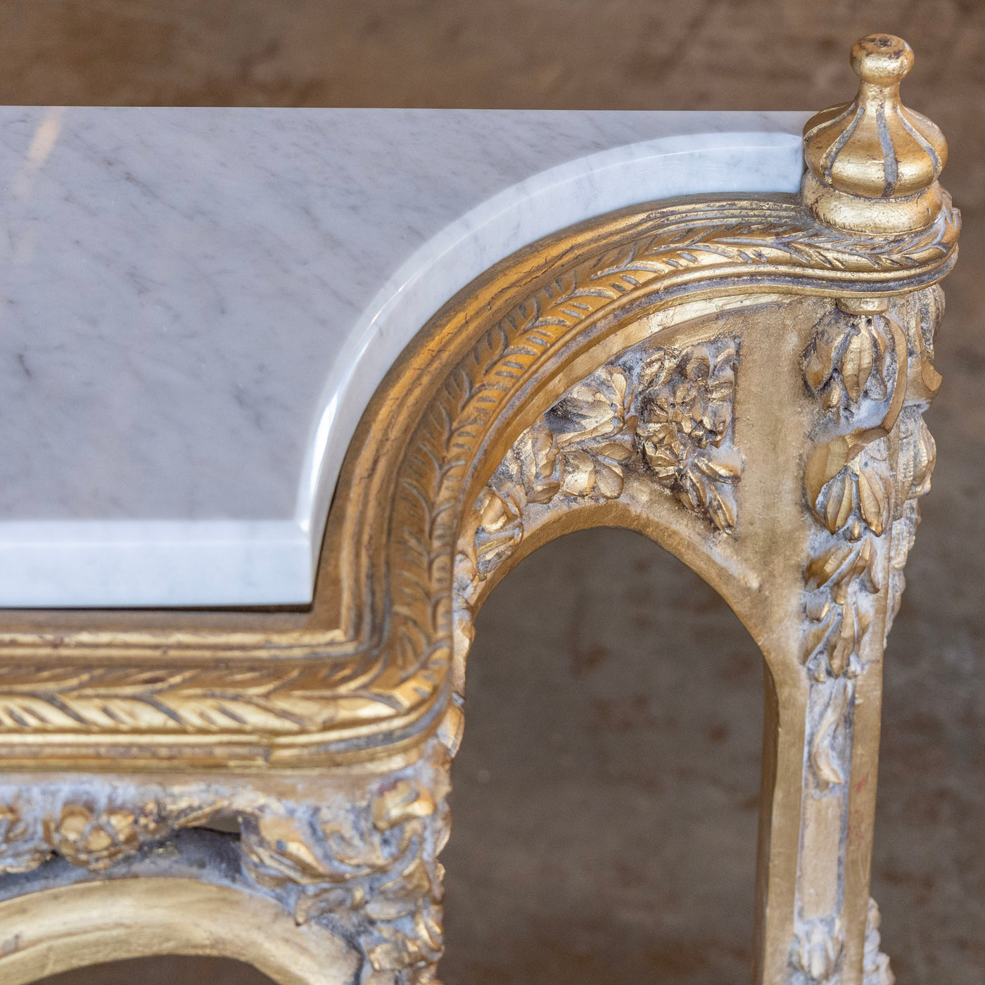 Louis XVI Ornate Gilded Console Table – Hand-Carved Florals & White Marble Top