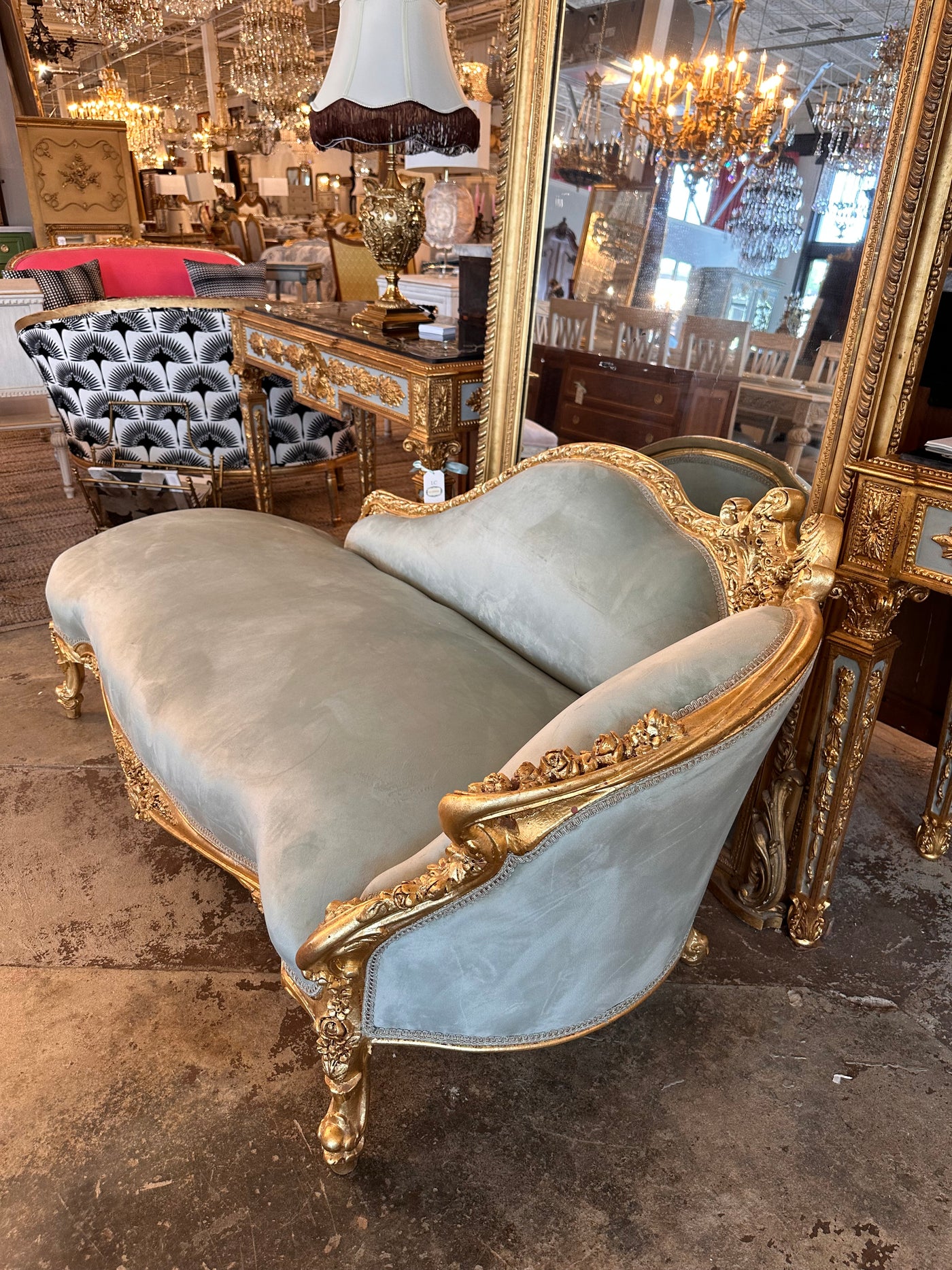 Antique French Louis XV Chaise Lounge in Baby Blue Velvet