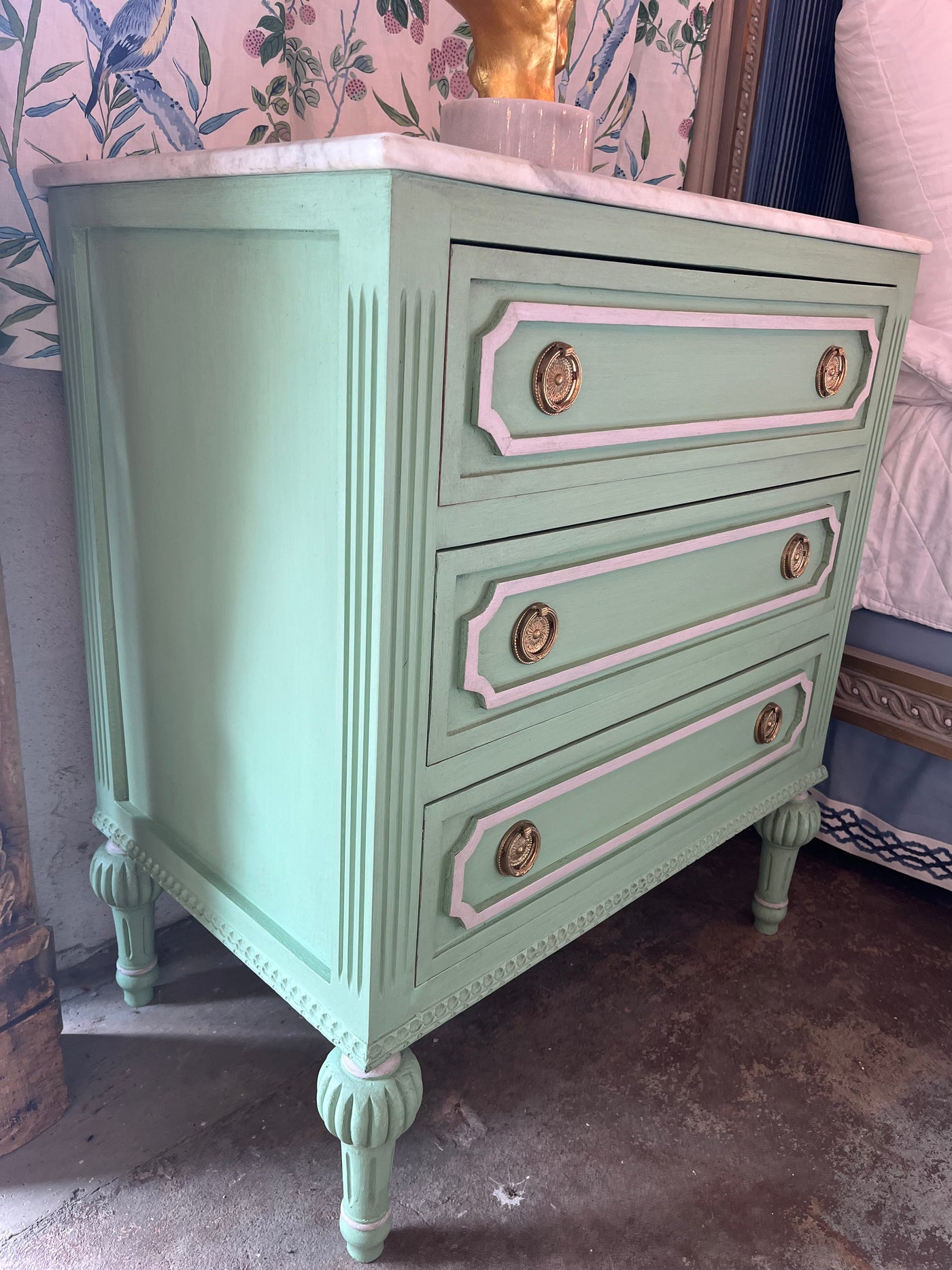 Swedish Nightstand with Open Trim and Marble Top