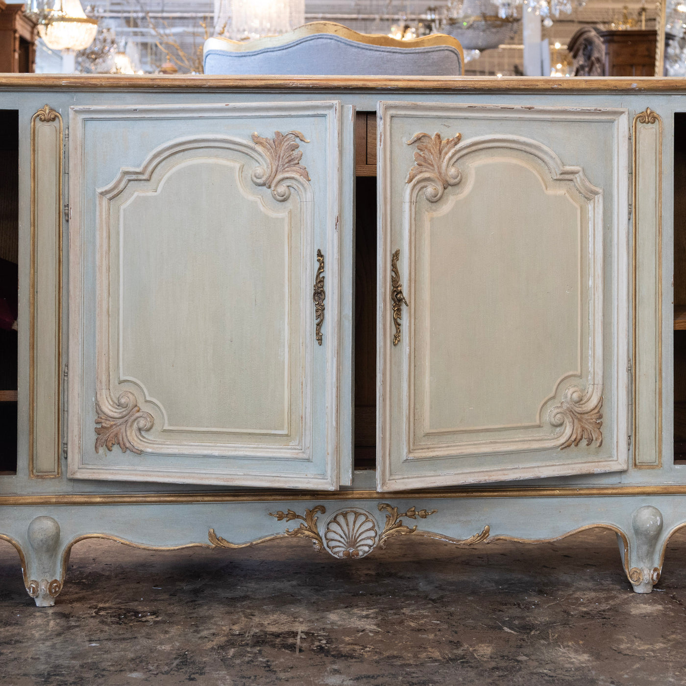 Louis XV Hand-Painted Sideboard – Distressed Finish Blue-Green & Gold Trim