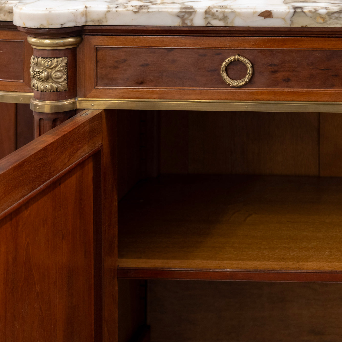 Louis XVI Burl Walnut Demilune Sideboard – Calacatta Vagli Oro Marble Top & Bronze Ormolu