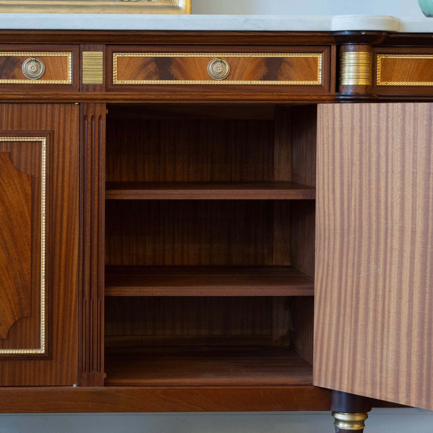 Louis XVI Burl Wood Demilune Sideboard – Gilded Bronze Accents & White Marble Top
