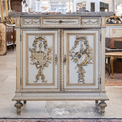 Louis XVI Sage Green Gilded Sideboard – Musical Ribbon Carvings & Breccia Marble Top