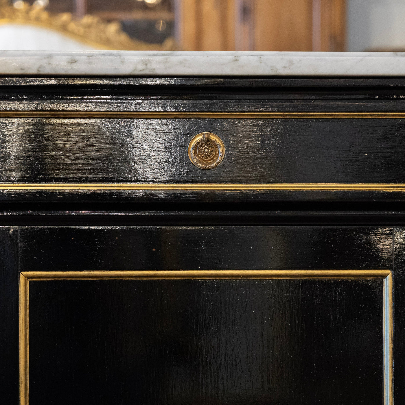 Louis XVI Black Lacquer Sideboard – Gold Inaly & White Marble Top