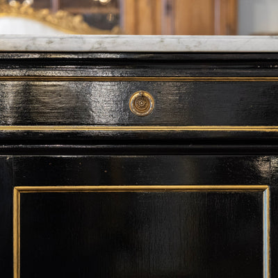 Louis XVI Black Lacquer Sideboard – Gold Inaly & White Marble Top