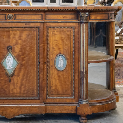 French Empire Demilune Sideboard – Neoclassical Medallions & Curved Mirror Shelves