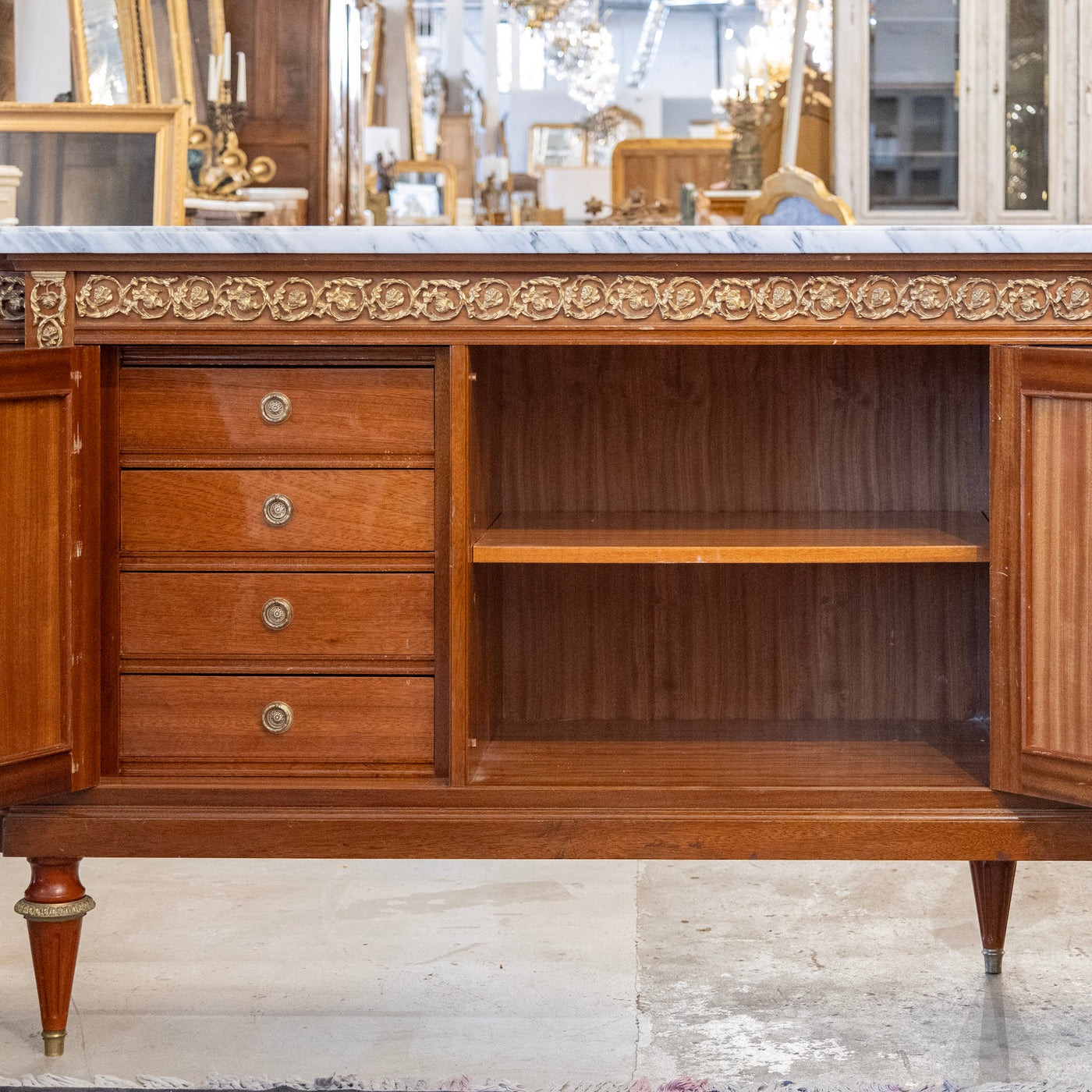 Louis XVI Mahogany Demilune Sideboard – Bronze Laurel Trim & White Marble Top