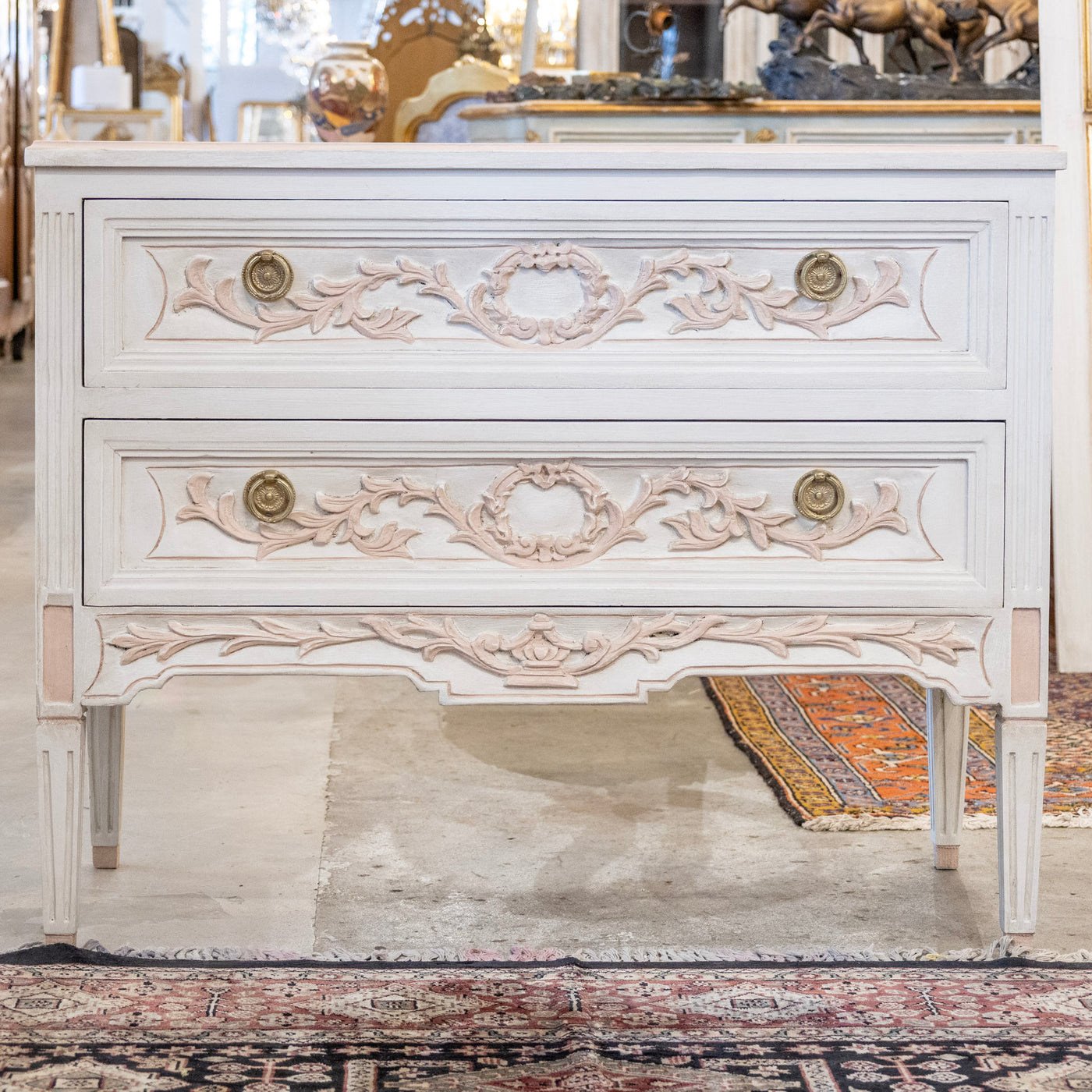Swedish 2-Drawer Chest in Antique White – Pink Carved Floral Motifs
