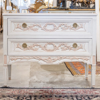 Swedish 2-Drawer Chest in Antique White – Pink Carved Floral Motifs