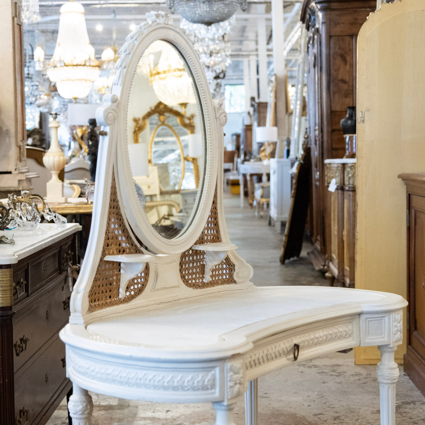 Swedish White Vanity – Oval Mirror & Cane Panels