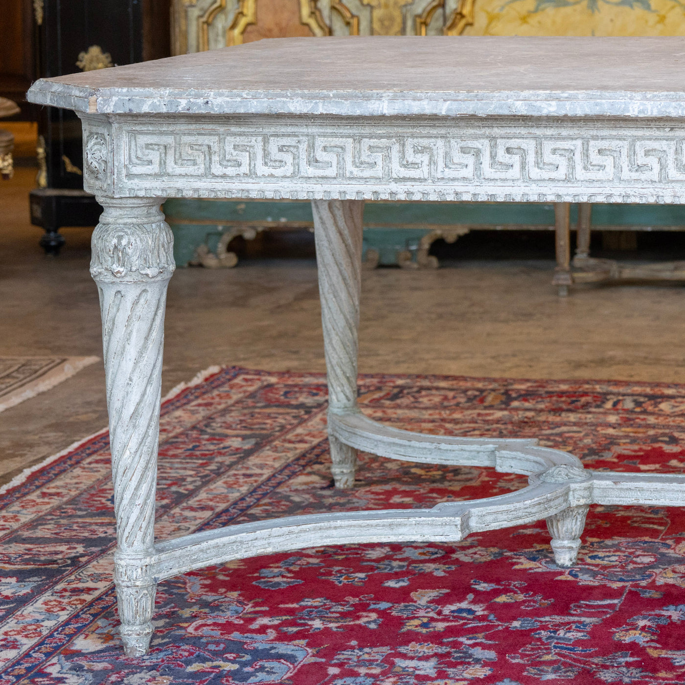 Grand European Neoclassical Hand-Carved Dining Table – Grey & White Faux Marble Finish