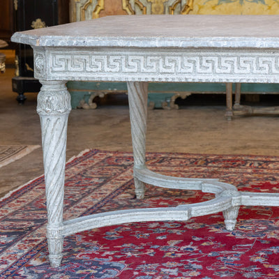 Grand European Neoclassical Hand-Carved Dining Table – Grey & White Faux Marble Finish