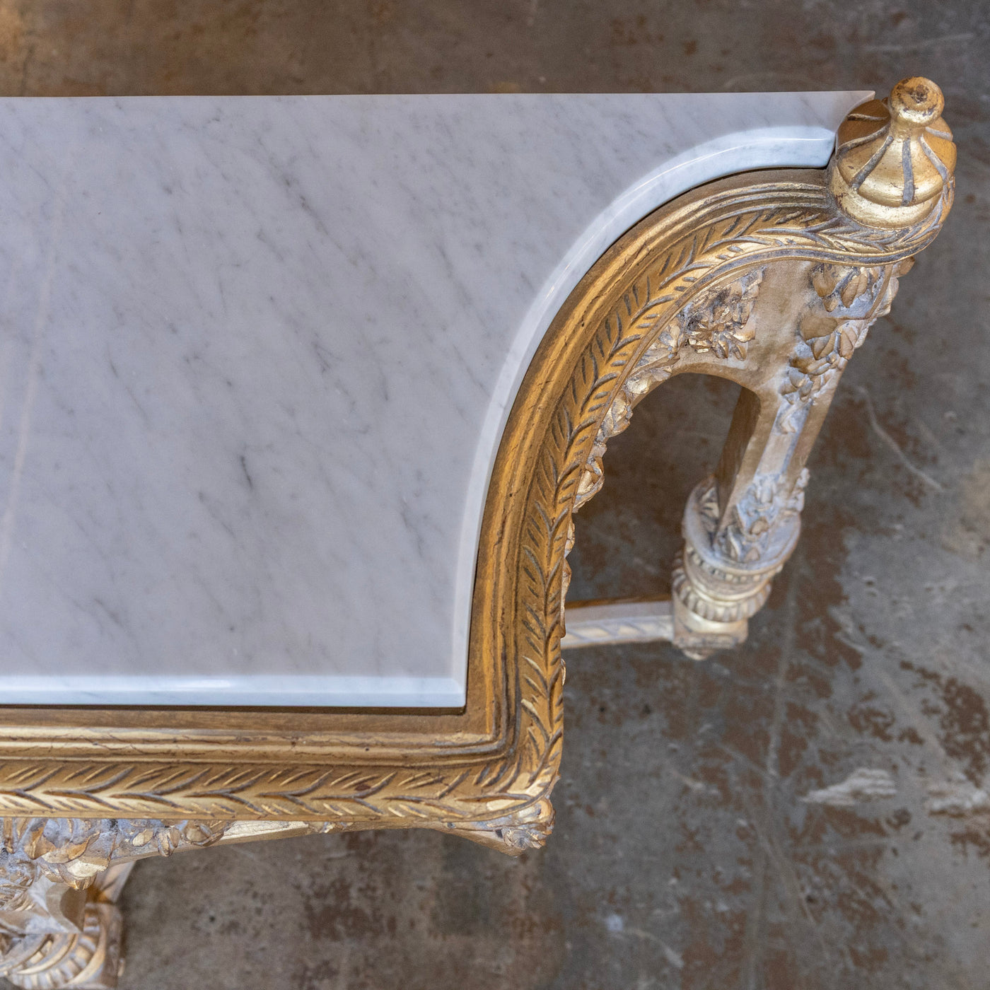 Louis XVI Ornate Gilded Console Table – Hand-Carved Florals & White Marble Top