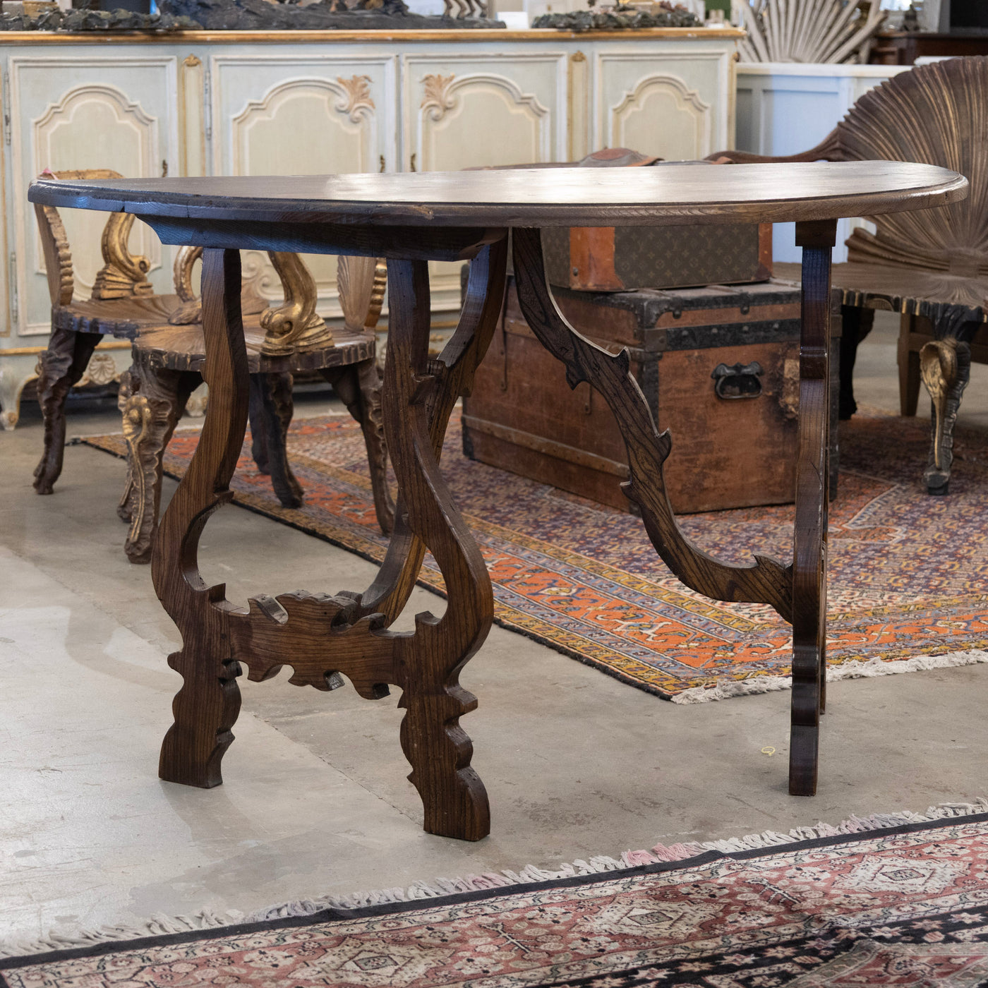 Italian Carved Sculptural Walnut Center Table – Formed By Pair of Demilune Consoles
