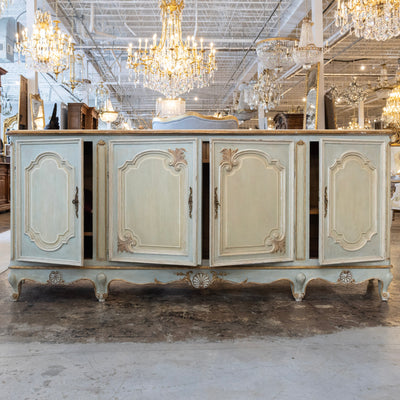 Louis XV Hand-Painted Sideboard – Distressed Finish Blue-Green & Gold Trim