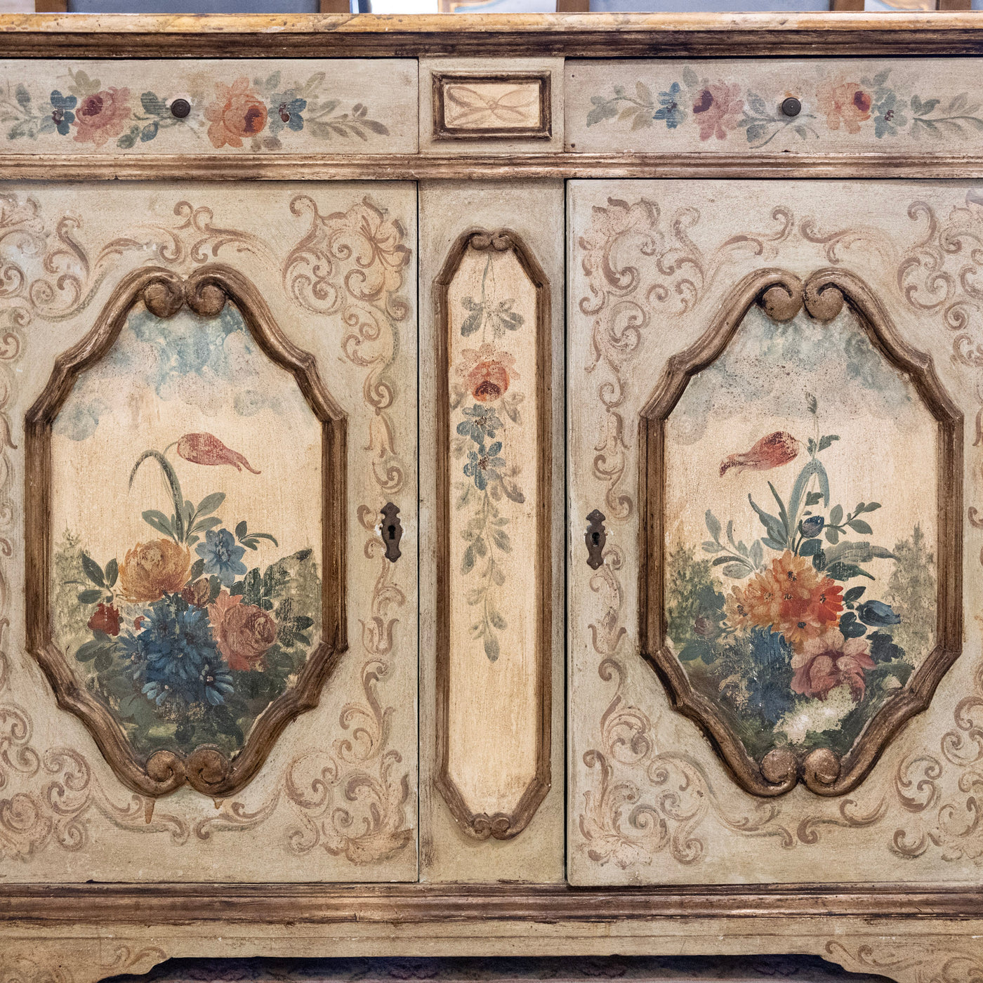 Italian Hand-Painted Soft Green Floral Sideboard