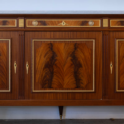 Louis XVI Burl Wood Demilune Sideboard – Gilded Bronze Accents & White Marble Top