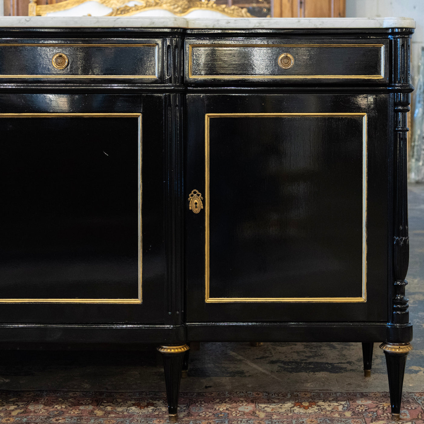 Louis XVI Black Lacquer Sideboard – Gold Inaly & White Marble Top